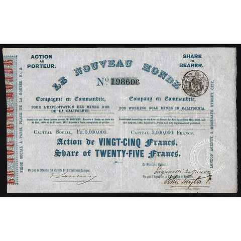 Le Nouveau Monde 1851 California Gold Rush Stock Certificate