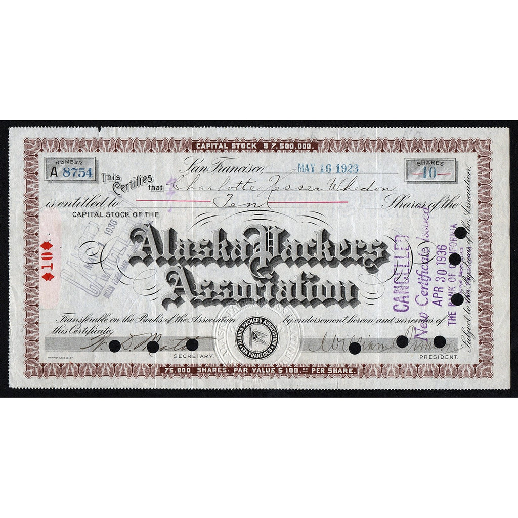 Alaska Packers Association 1923 California Stock Certificate