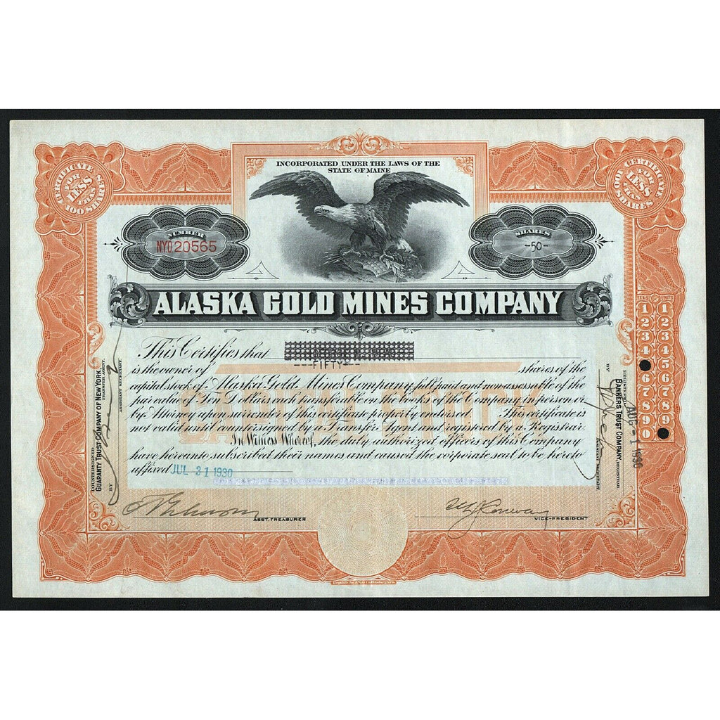 Alaska Gold Mines Company 1930 Maine Stock Certificate