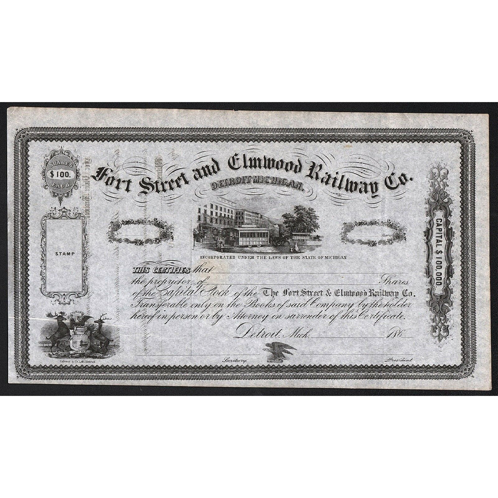 Fort Street and Elmwood Railway Co. Michigan 1860s Stock Certificate