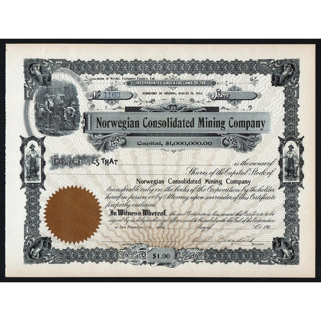 Norwegian Consolidated Mining Company Arizona Stock Certificate