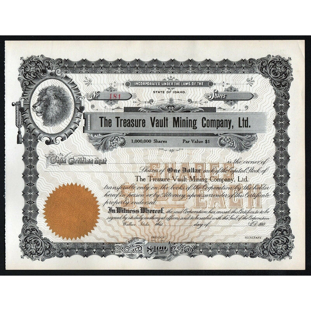 The Treasure Vault Mining Company Ltd. Wallace Idaho Stock Certificate
