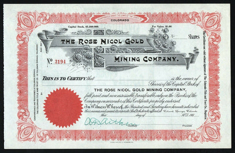 The Rose Nicol Gold Mining Company Colorado Stock Certificate