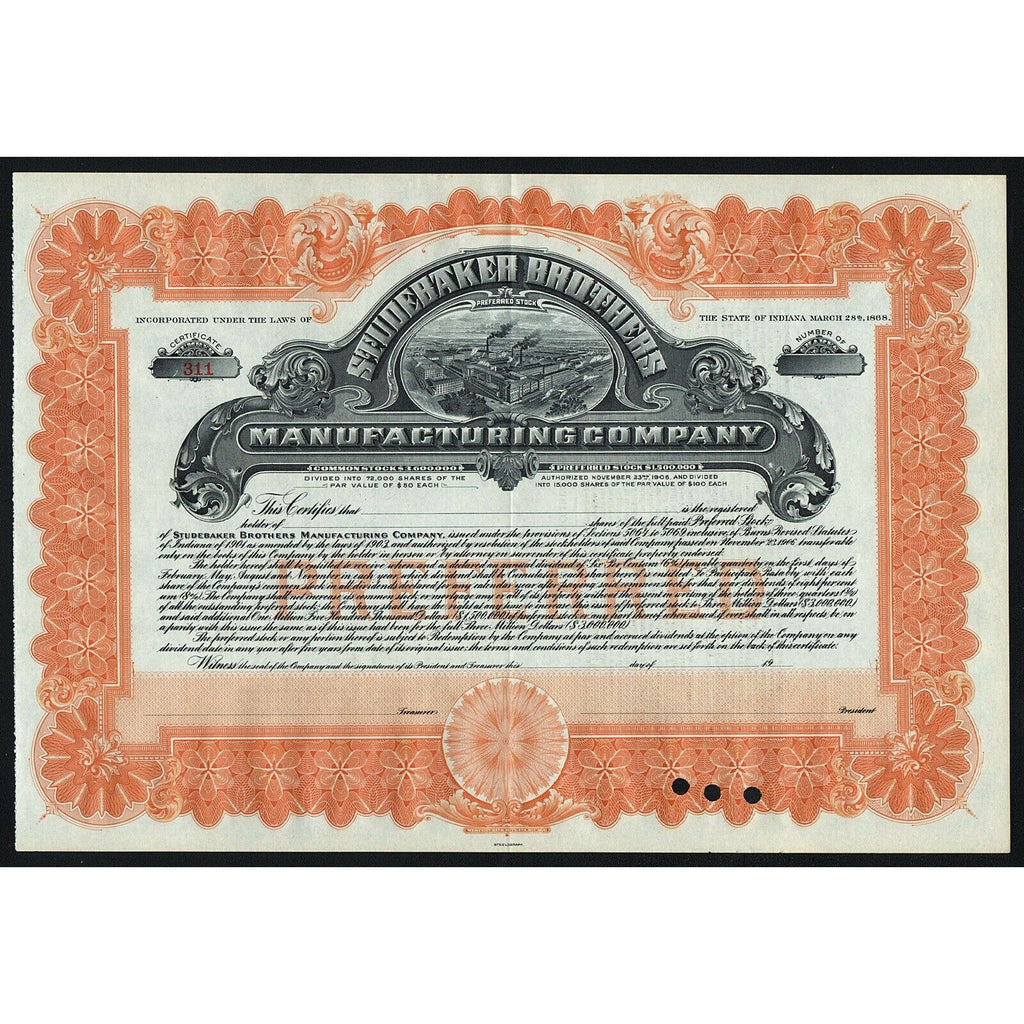 Studebaker Brothers Manufacturing Company Indiana Stock Certificate