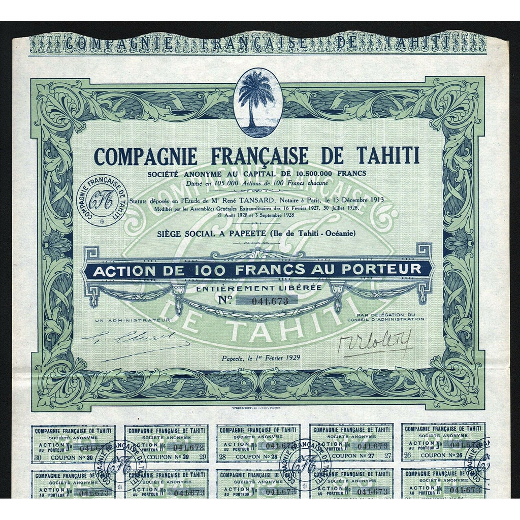 Compagnie Francaise de Tahiti papeete 1929 Stock Certificate