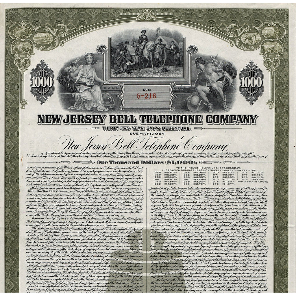 New Jersey Bell Telephone Company 1952 Bond Certificate