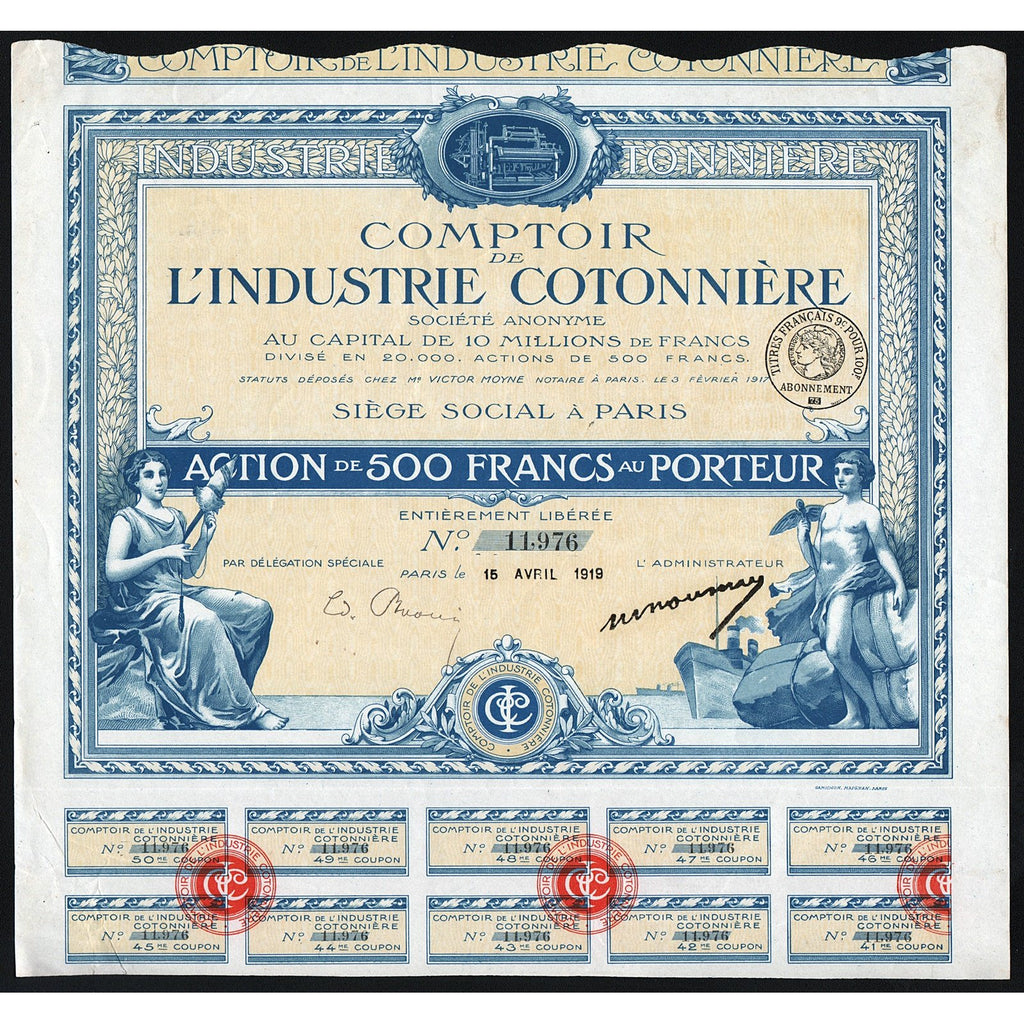 Comptoir l’Industrie Cotonniere S.A. Paris France 1919 Stock Certificate