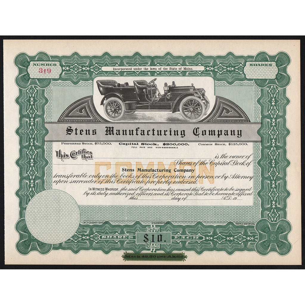 Stens Manufacturing Company Maine Automobiles Stock Certificate