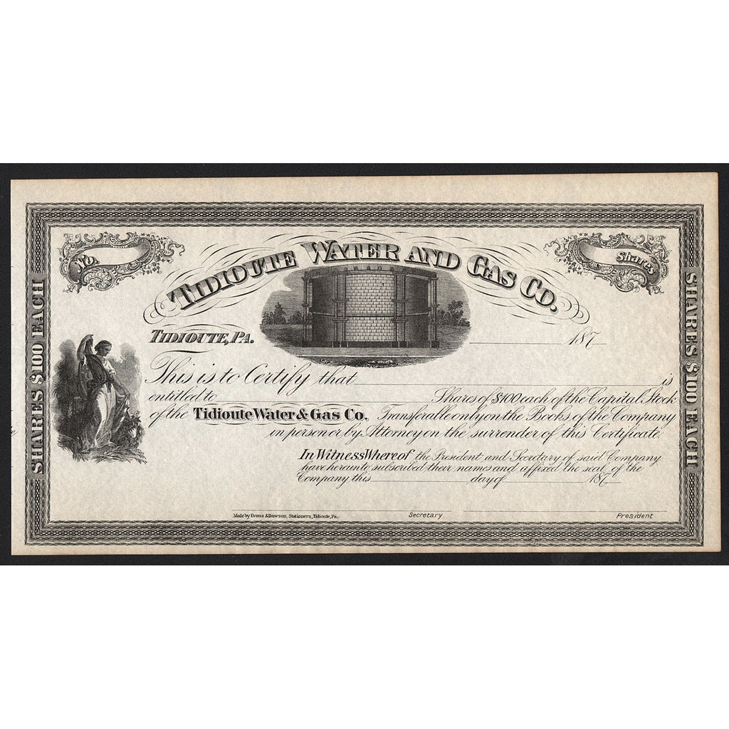 Tidioute Water and Gas Co. Pennsylvania Stock Certificate