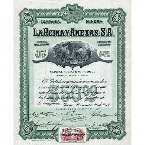 Compania Minera La Reina Y Anexas S.A. Mexico 1913 Stock Certificate