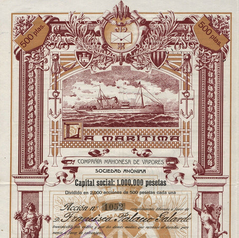La Maritima, Compania Mahonesa de Vapores S.A. Spain 1912 Stock Certificate