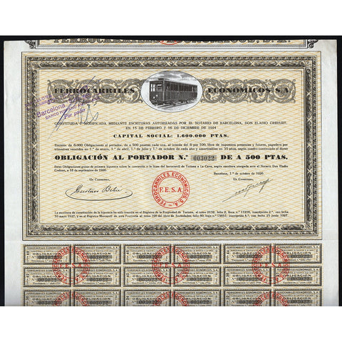 Ferrocarriles Economicos S.A. Barcelona Spain 1926 Stock Certificate