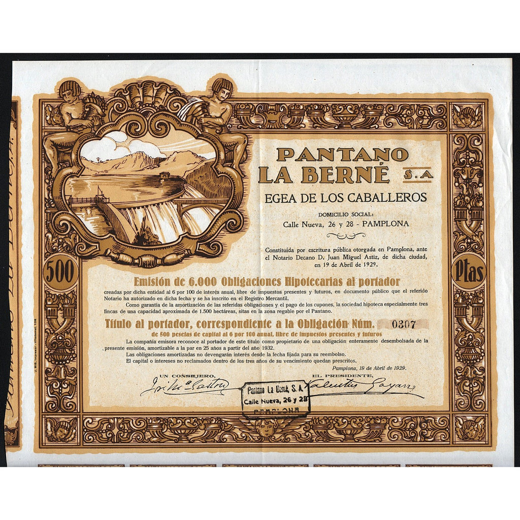 Pantano La Berne, Egea de los Caballeros Pamplona Spain 1929 Stock Certificate