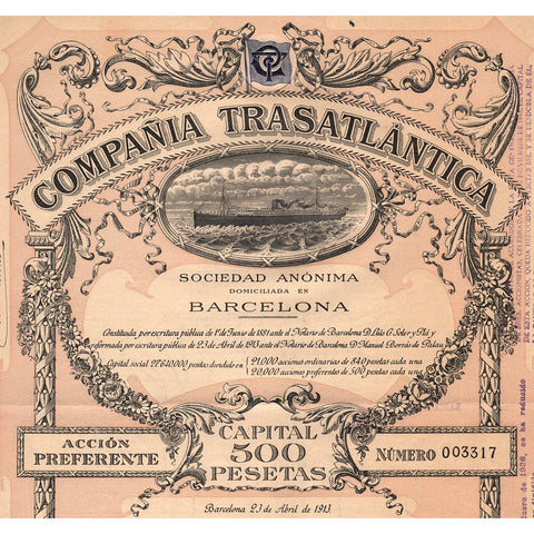 Compania Transatlantica Sociedad Anonima Barcelona Spain 1913 Stock Certificate