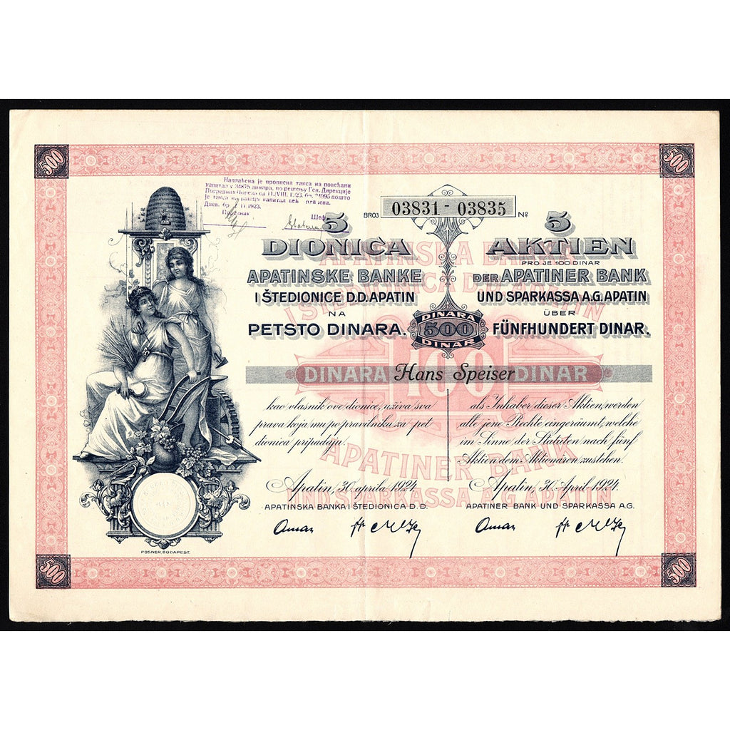 Apatiner Bank und Sparkassa A.G. Apatin Serbia 1924 Stock Certificate