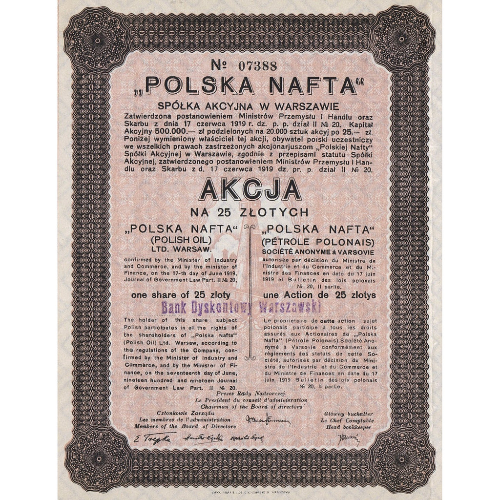 Polska Nafta (Polish Oil) Ltd. Warsaw Poland 1919 Stock Certificate