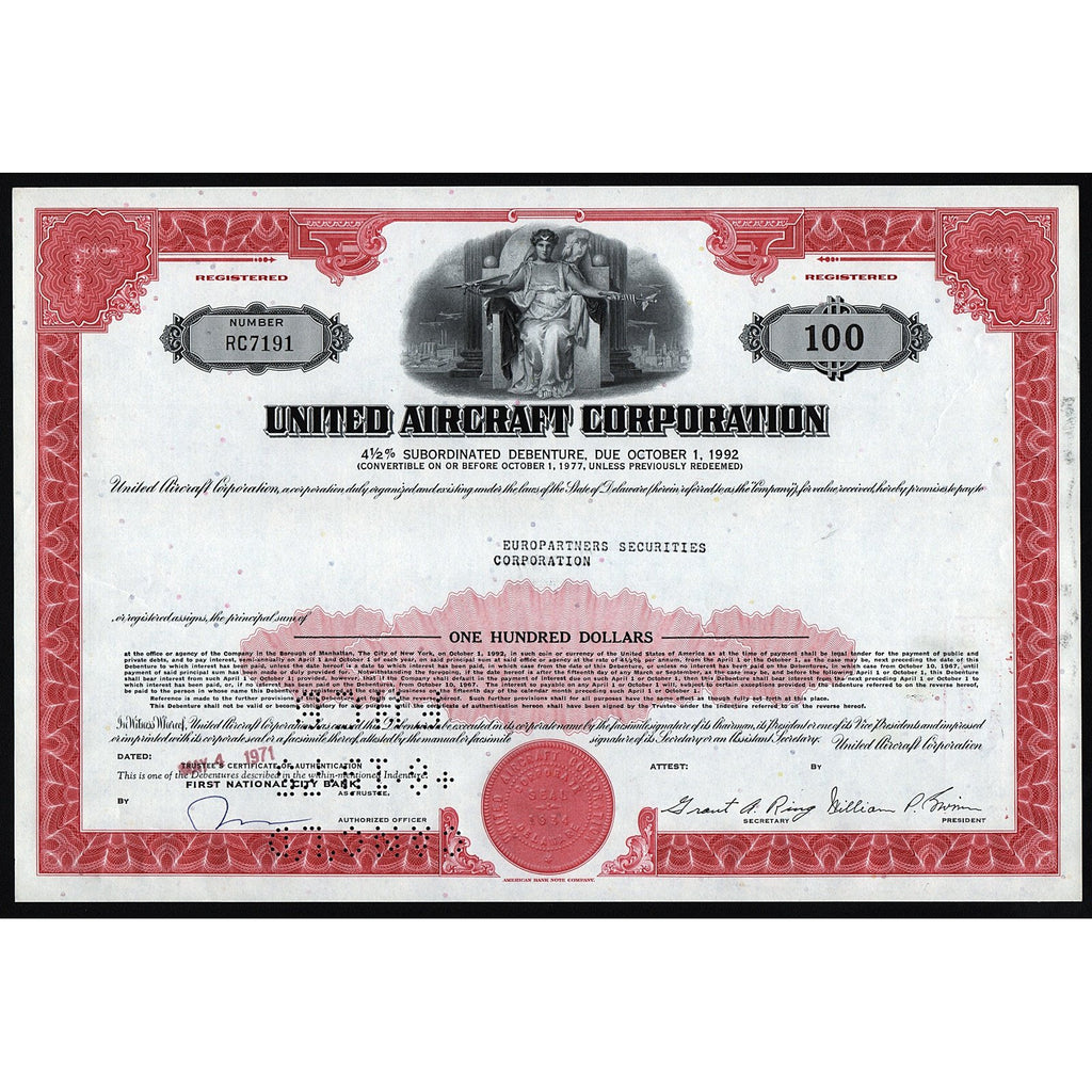 United Aircraft Corporation 1971 Bond Certificate