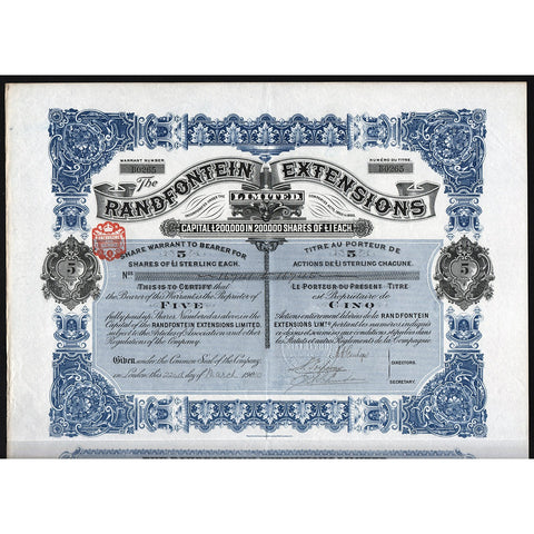 Randfontein Extensions Limited South Africa 1910 Stock Certificate