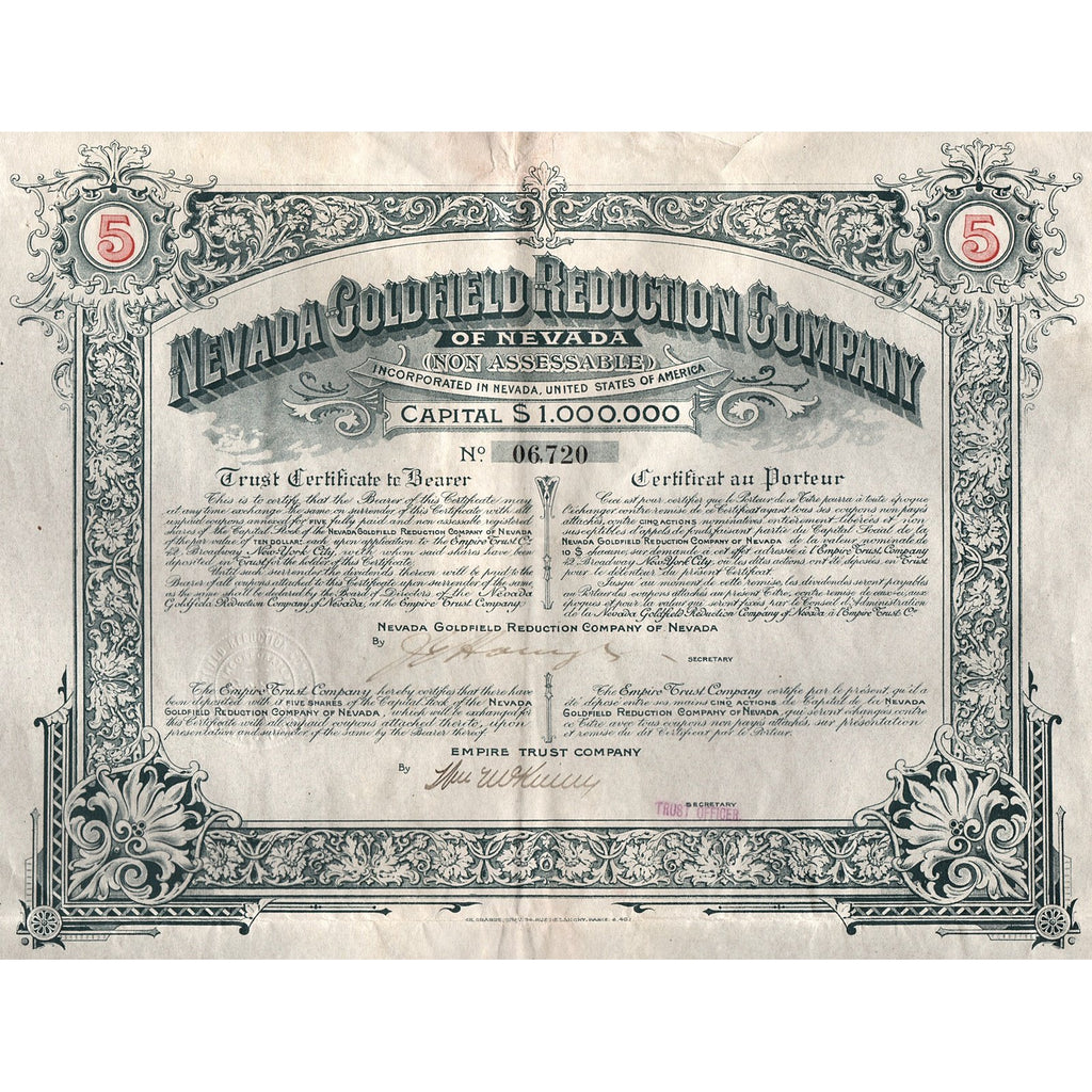 Nevada Goldfield Reduction Company 1906 Stock Certificate