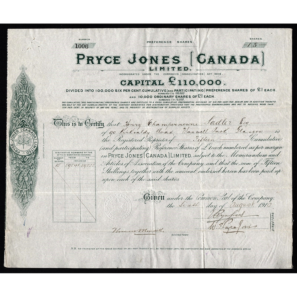 Pryce Jones (Canada) Limited 1910 Calgary Department Store Stock Certificate