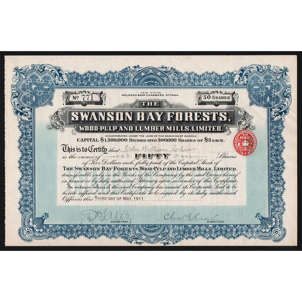 Canada The Swanson Bay Forests, Wood-Pulp and Lumber Mills, Stock Certificate