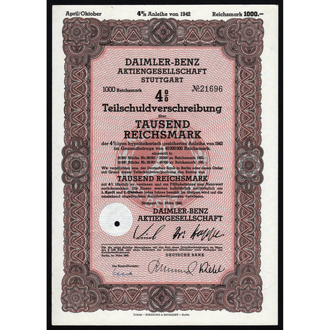 Daimler-Benz Mercedes Stuttgart Germany 1942 Stock Bond Certificate