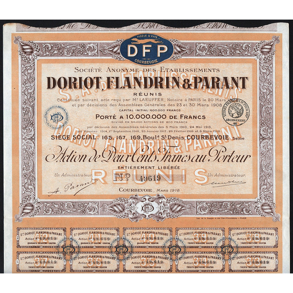Doriot, Flandrin & Parant 1918 Courbevoie France Stock Certificate