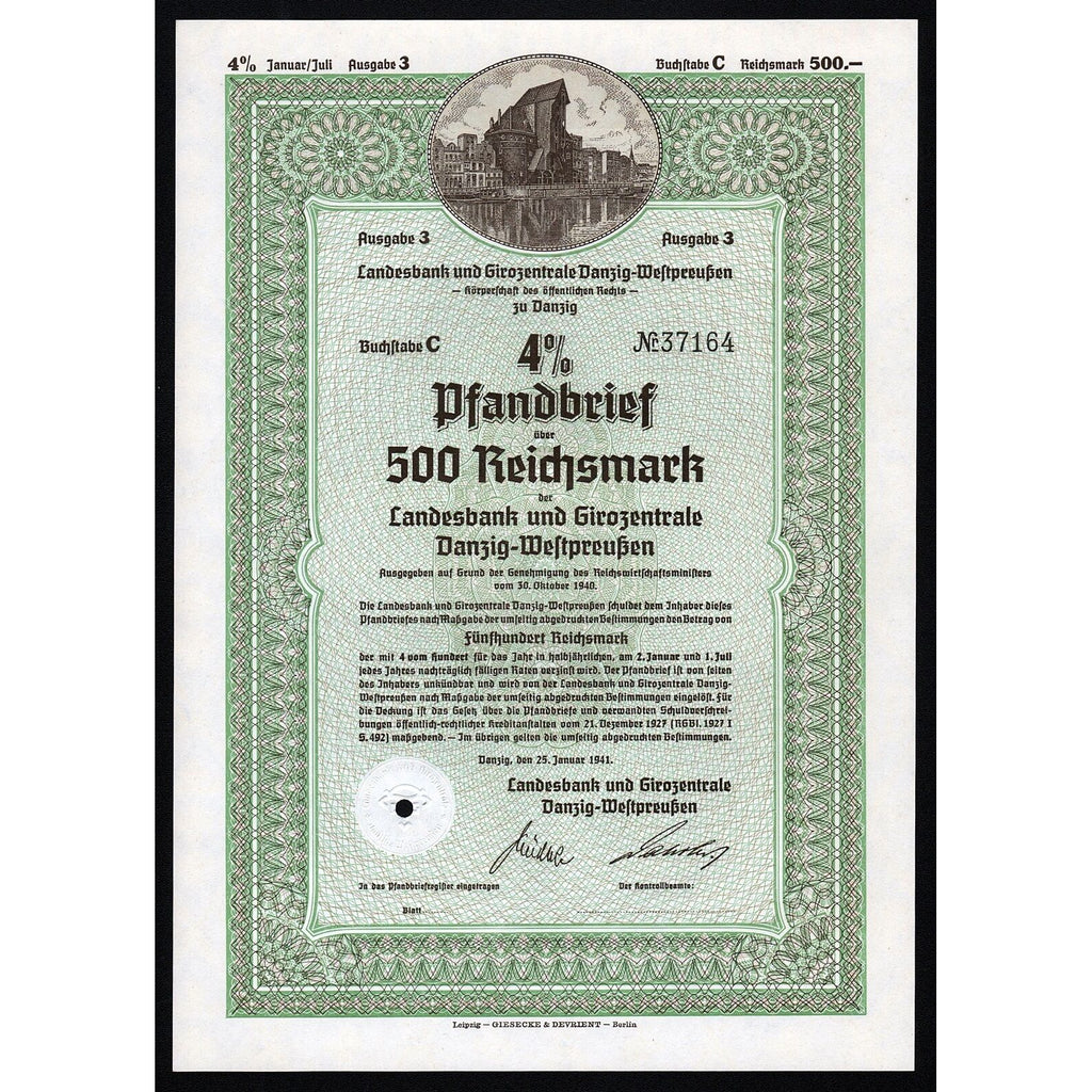 Landesbank und Girozentrale Danzig-Westpreussen 1941 Gdansk Poland Stock Certificate