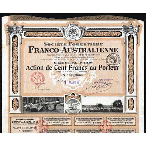 Societe Forestiere Franco-Australienne 1922 Forestry Stock Certificate