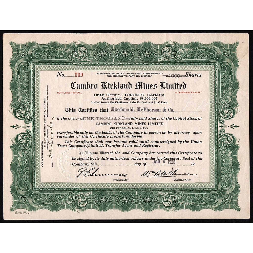 Cambro Kirkland Mines Limited Ontario Mining Stock Certificate