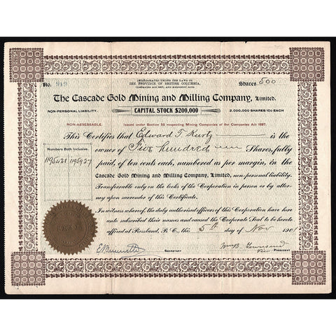 The Cascade Gold Mining and Milling Company 1901 Rossland BC Canada Stock Certificate
