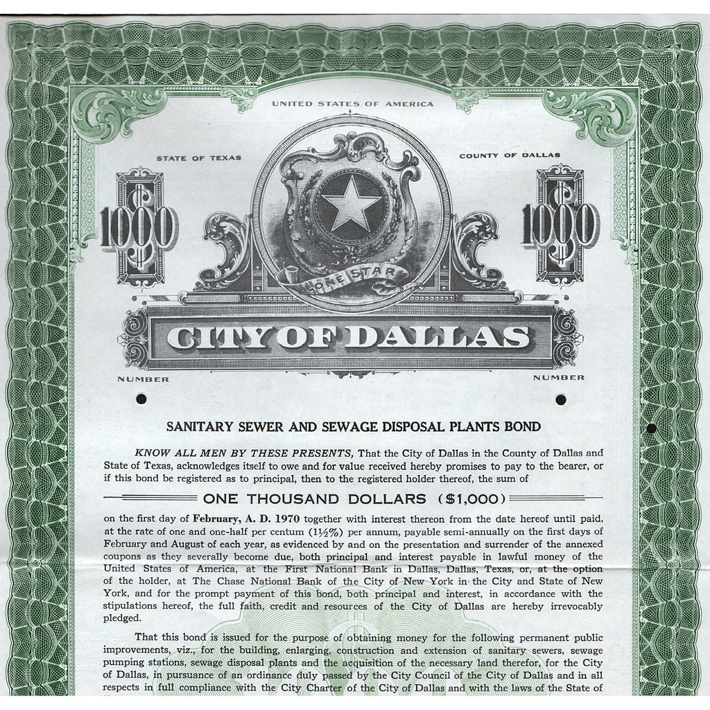 City of Dallas (Specimen) Texas 1950 Bond Certificate