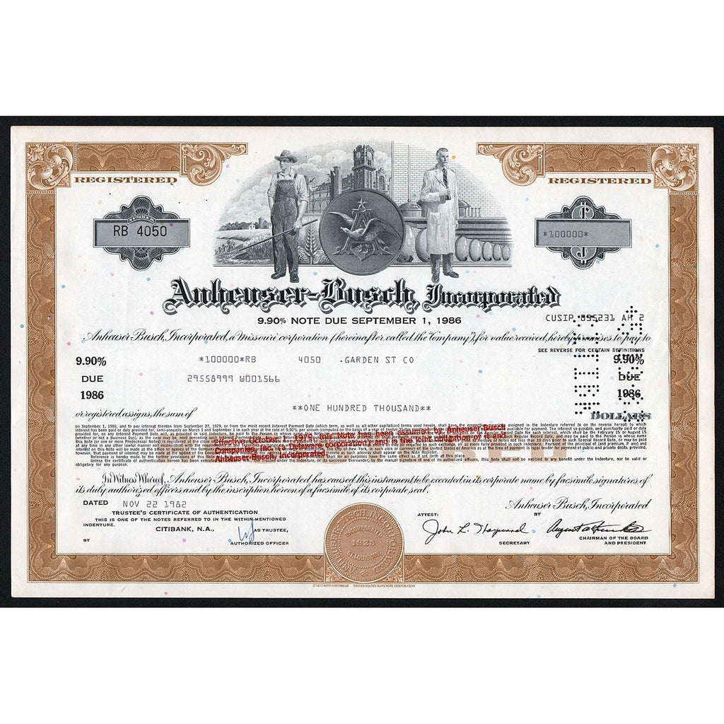 Bud Light Anheuser-Busch, Incorporated Brewery $100,000 Missouri Bond Certificate