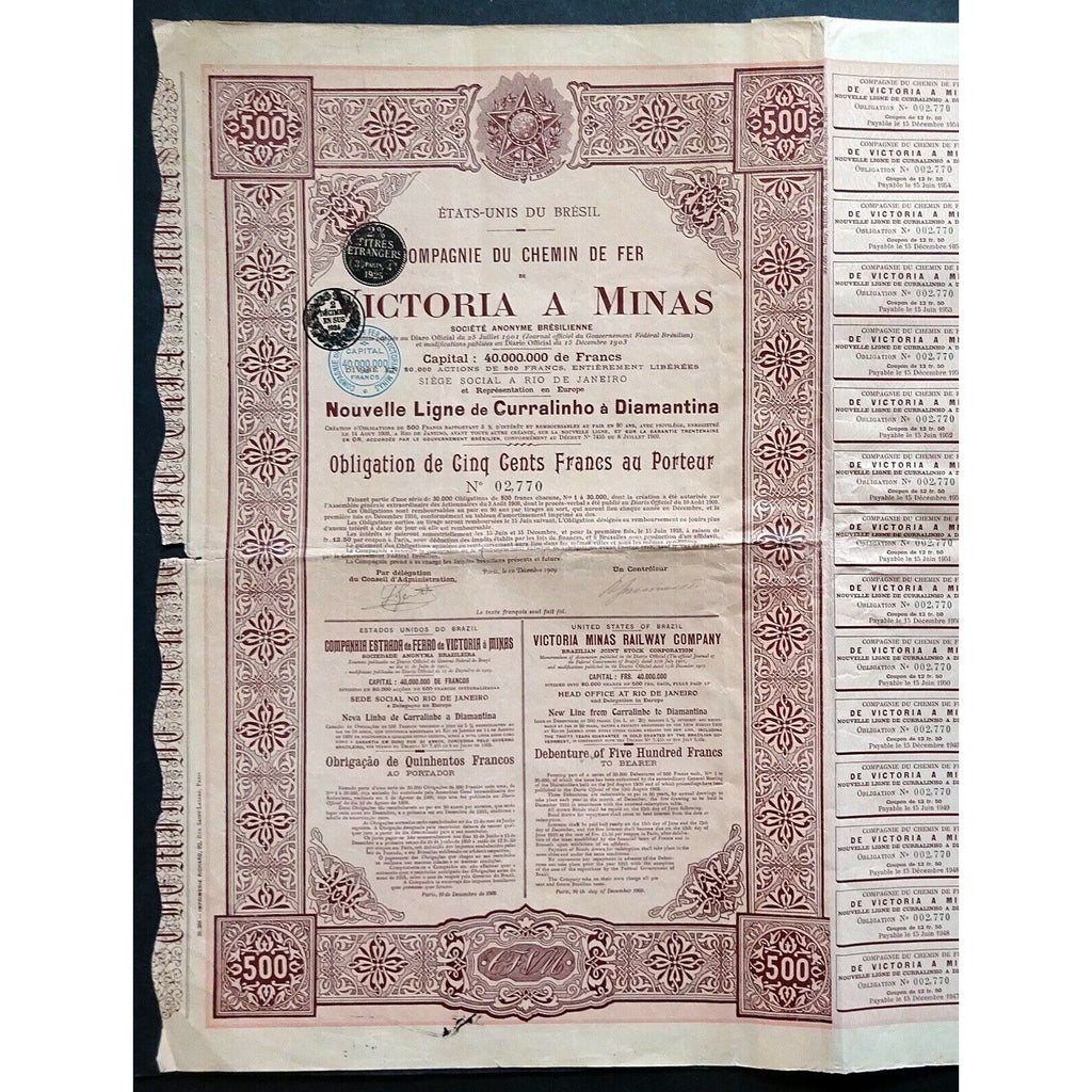 Victoria Minas Railway Company 1900 Brazil Stock Bond Certificate