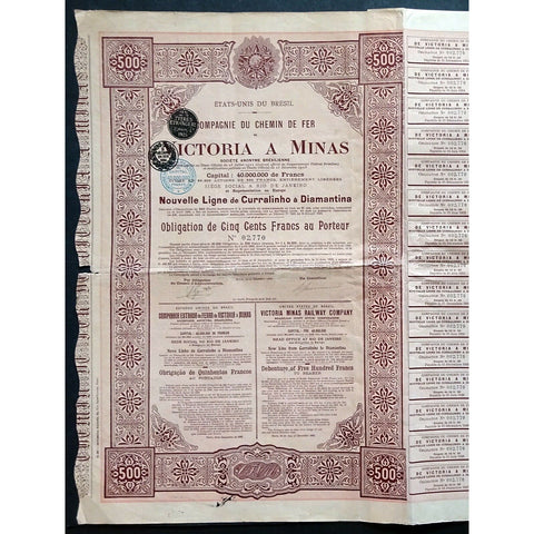 Victoria Minas Railway Company 1900 Brazil Stock Bond Certificate