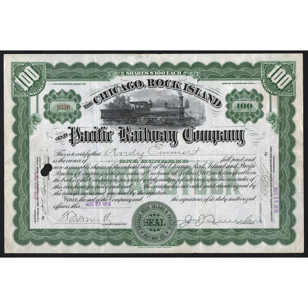 The Chicago, Rock Island and Pacific Railway Company 1916 Stock Certificate