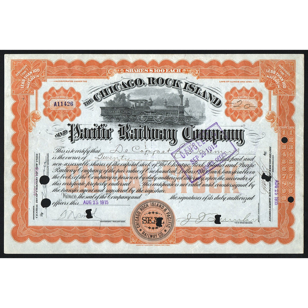 The Chicago, Rock Island and Pacific Railway Company 1915 Stock Certificate