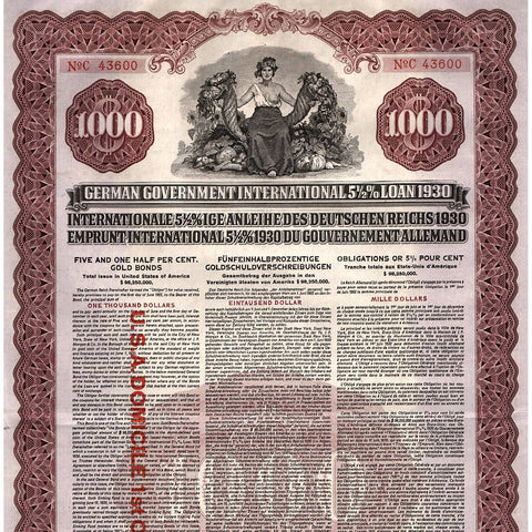 German Government International Loan 1930 $1000 Bond Certificate