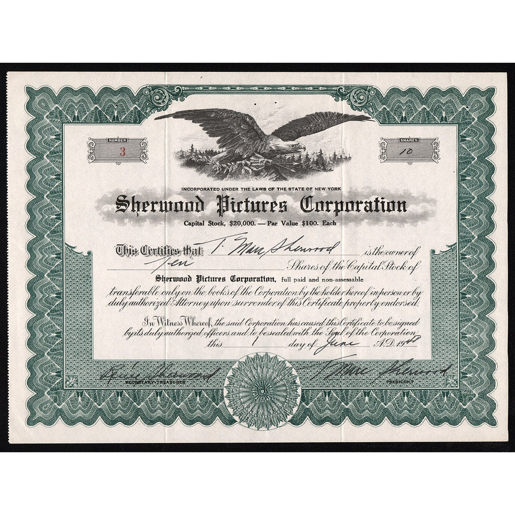 Sherwood Pictures Corporation 1948 New York Stock Certificate