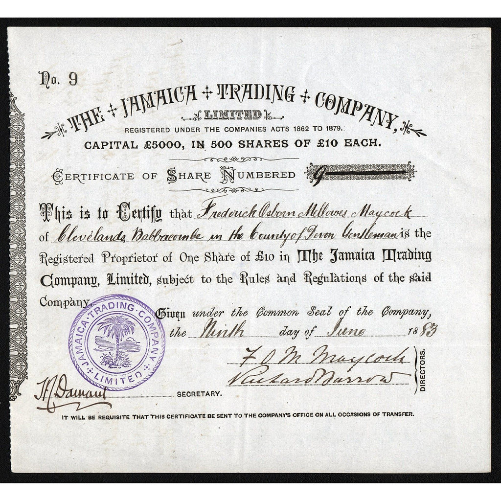 The Jamaica Trading Company, Limited 1883 Stock Certificate