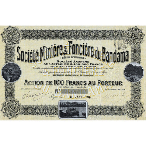 Societe Miniere & Fonciere du Bandama 1912 Ivory Coast Stock Certificate
