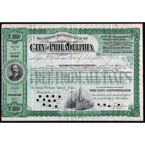 City of Philadalphia - $2000 Loan 1895 Pennsylvania Bond Certificate