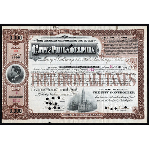 City of Philadalphia - $3000 Loan 1910 Pennsylvania Bond Certificate