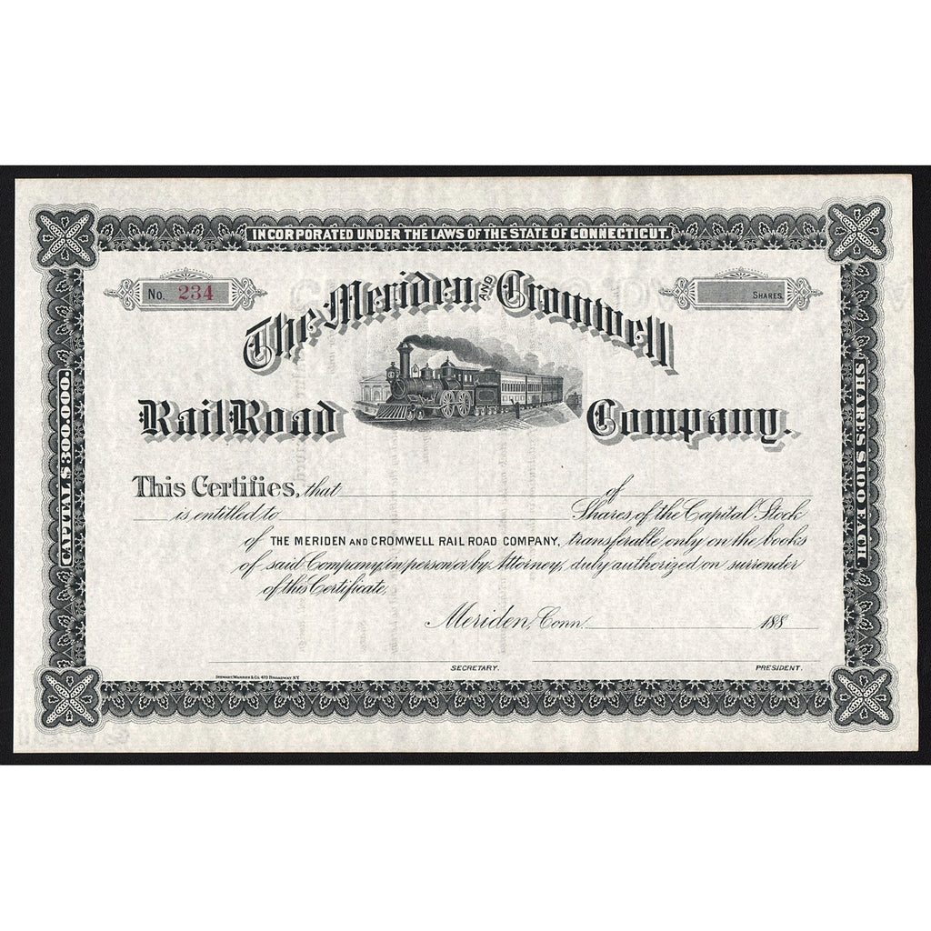 The Meriden and Cromwell Rail Road Company Connecticut Stock Certificate