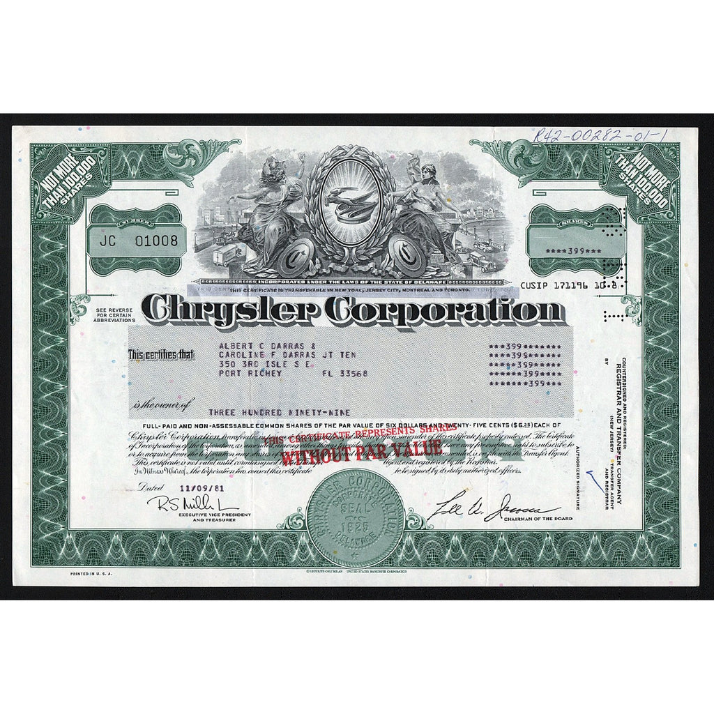 Chrysler Corporation (Lee Iacocca) Stock Certificate