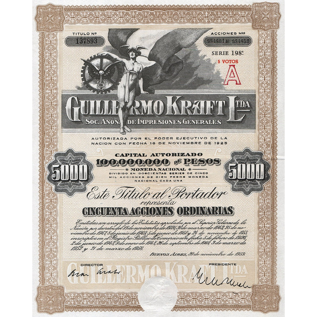 Guillermo Kraft Ltda Buenos Aires, Argentina 1959 Stock Certificate