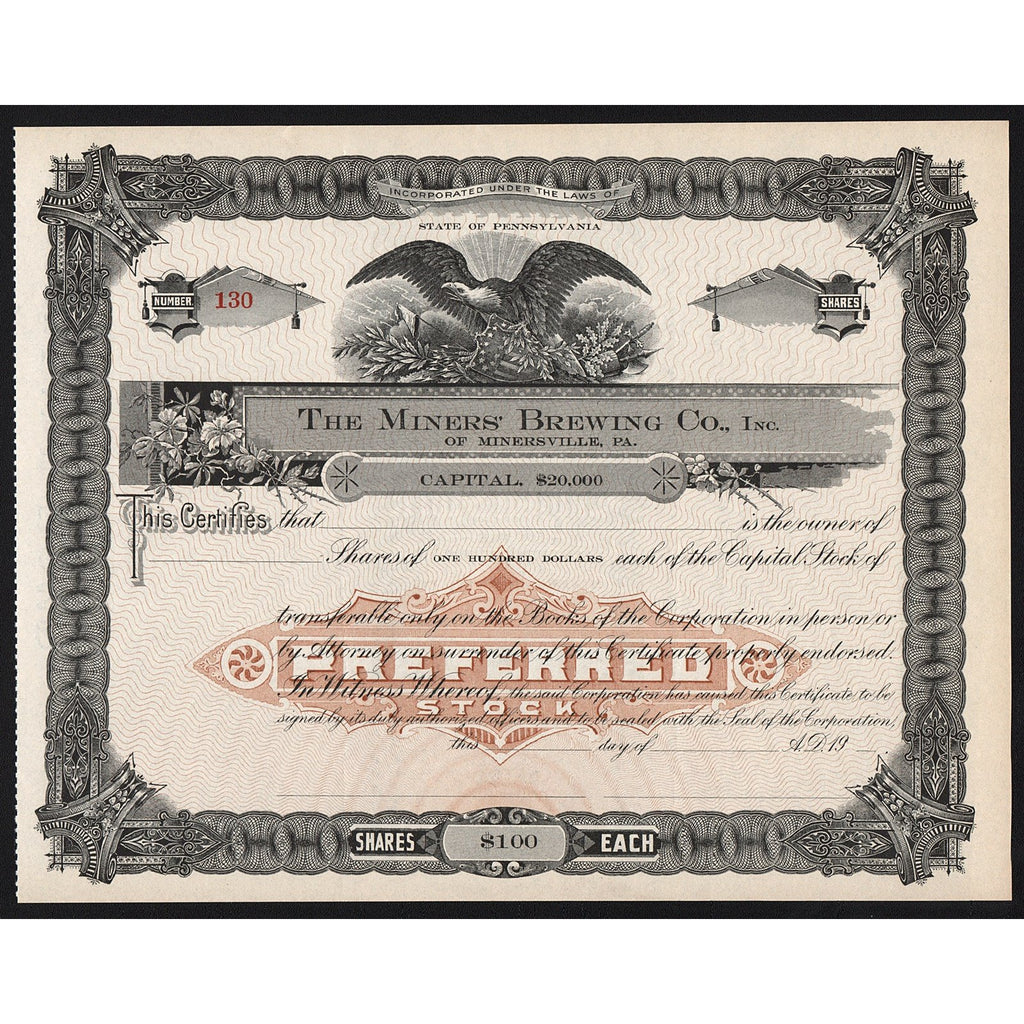 The Miners’ Brewing Co., Inc. of Minersville, PA. Pennsylvania Stock Certificate