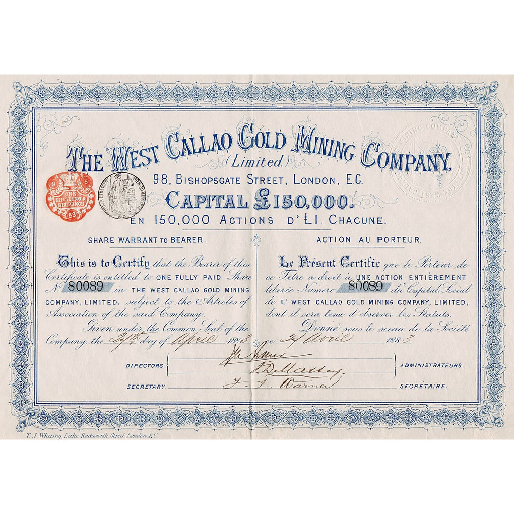 The West Callao Gold Mining Company (Limited) 1883 Venezuela Warrant Stock Certificate