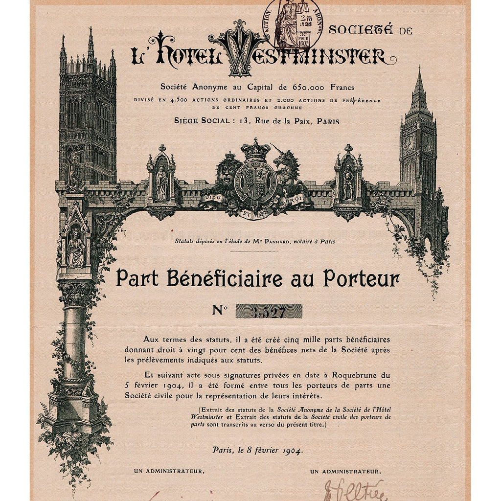 Societe de l'Hotel Westminster 1904 France Stock Certificate
