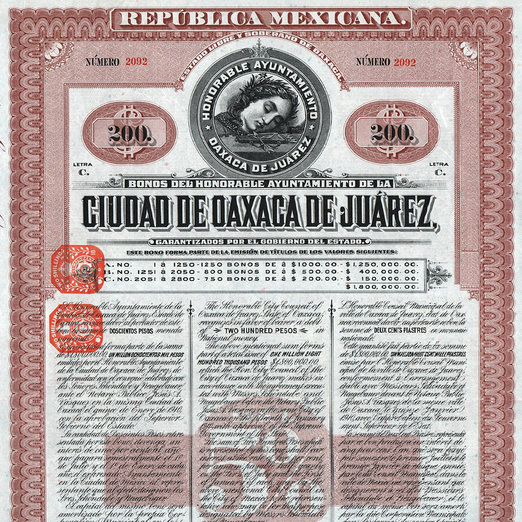 Bonos del Honorable Ayuntamiento de la Ciudad de Oaxaca de Juarez 1908 Mexico Stock Certificate